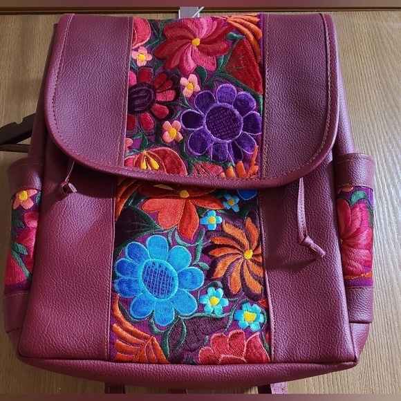 None Handbags - Faux Leather Floral Embroidered Backpack Purse